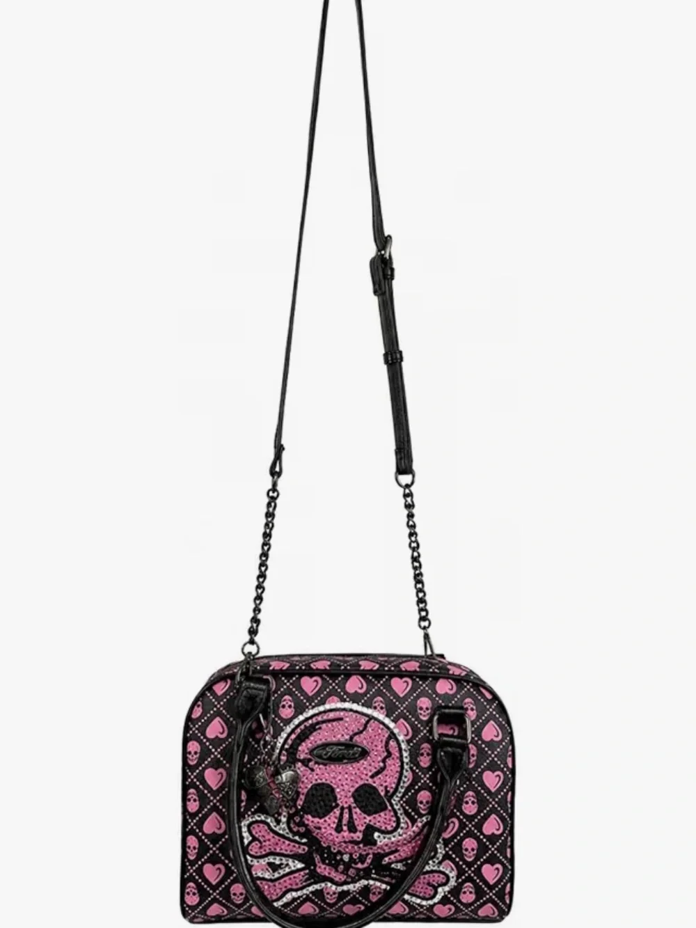 ED HARDY NWT Black and Pink Rhinestone Skull Satchel